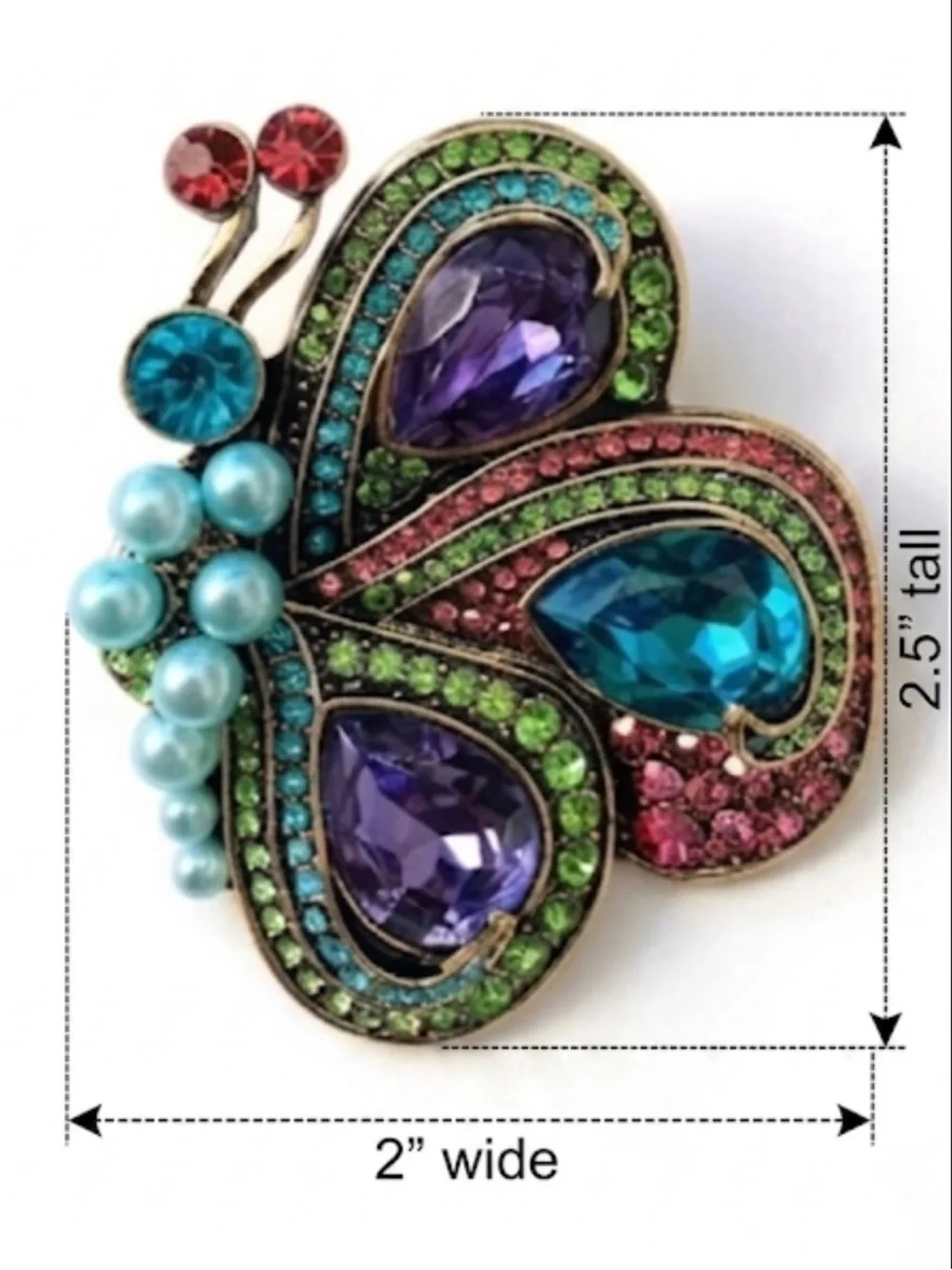 Colorful Crystal Butterfly Brooch Pin Vintage Rhinestone Faux Pearl Statement
